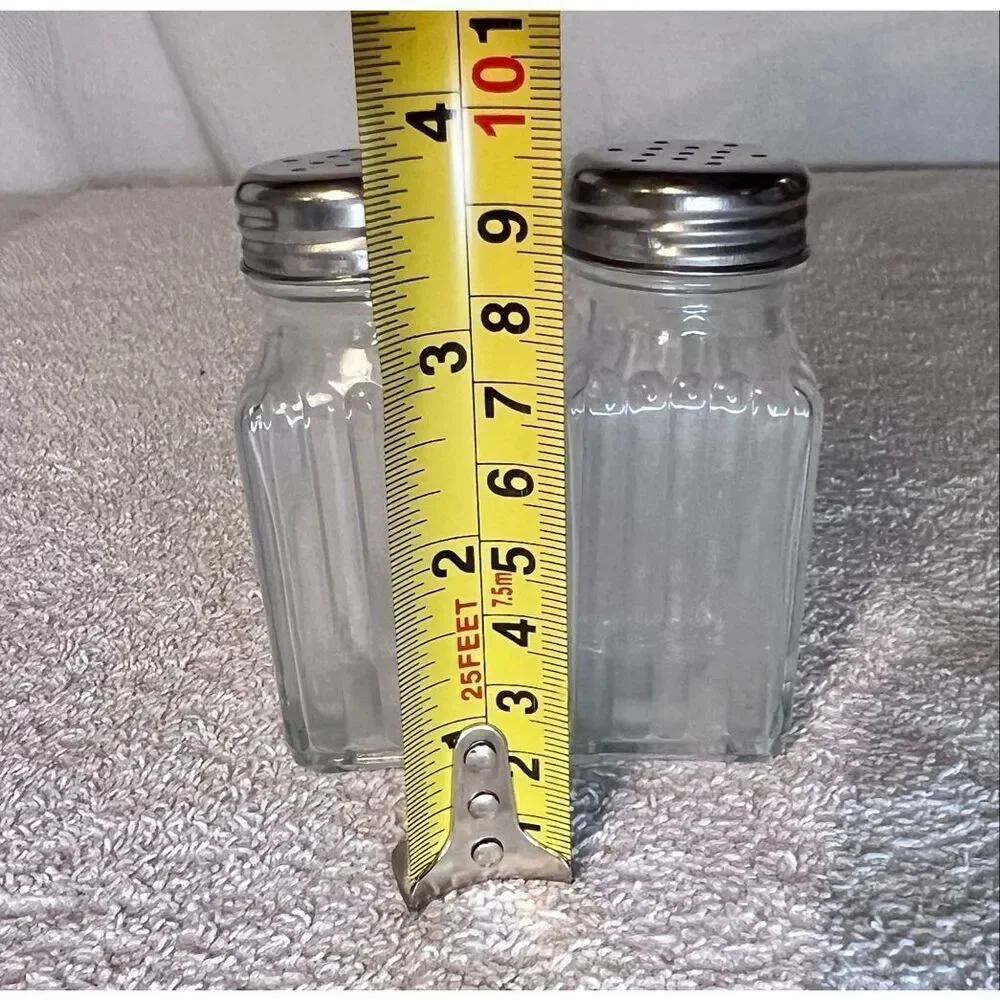 Vintage SQUARE Ribbed Clear Glass SALT and PEPPER Shaker Set - With Metal Lids